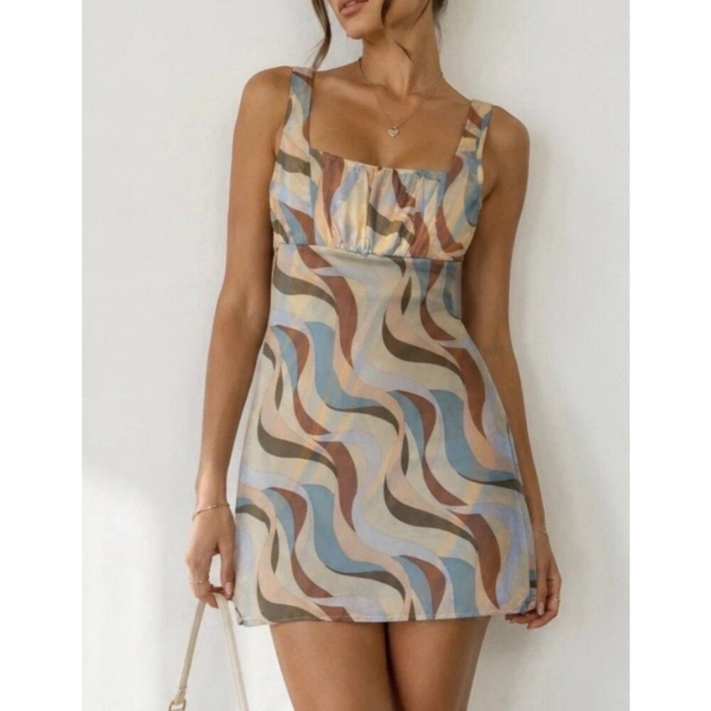 Altar'd State Mesh Stretchy Small Bodycon Y2K Retro Swirl Wavy Mini Dress Brown